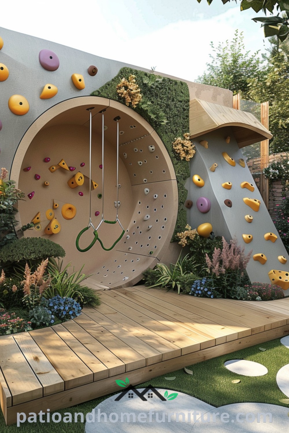 Outdoor playground with climbing equipment and lush plants, offering a vibrant space for kids to explore and play, featuring colorful play structures and cozy seating, providing unique design ideas for family-friendly outdoor areas, wellnesswink.com.