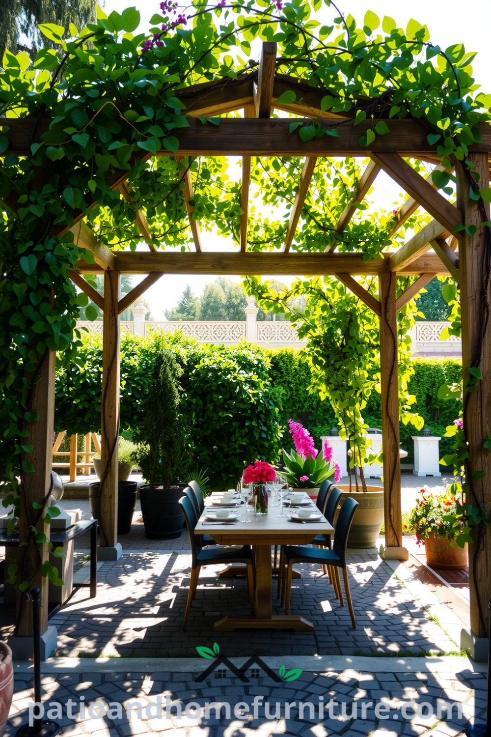 A sun-drenched garden with a beautifully arched pergola entwined with climbing vines, featuring a rustic wooden table set for an intimate meal, showcasing cozy ideas and decor inspirations for your home on fireplacesandwoodstoves.com.
