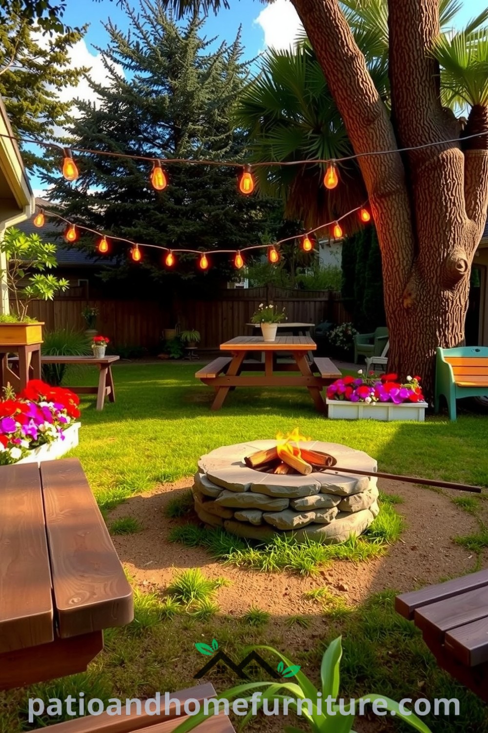 A cozy backyard with wooden picnic tables and colorful flower beds, accented by string lights and a rustic stone fire pit, creating an inviting space for gatherings, ideal for evening stories and outdoor activities. Visit fireplacesandwoodstoves.com for cozy home decor ideas.