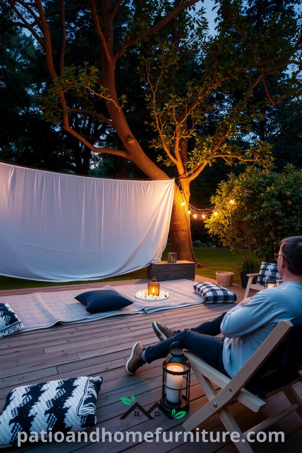 Backyard movie setup with a white sheet screen strung between trees, cozy blankets and cushions on a wooden deck, flickering lanterns, and popcorn aroma, creating a charming and inviting atmosphere, perfect for a cozy home movie night. Visit fireplacesandwoodstoves.com for more cozy ideas.