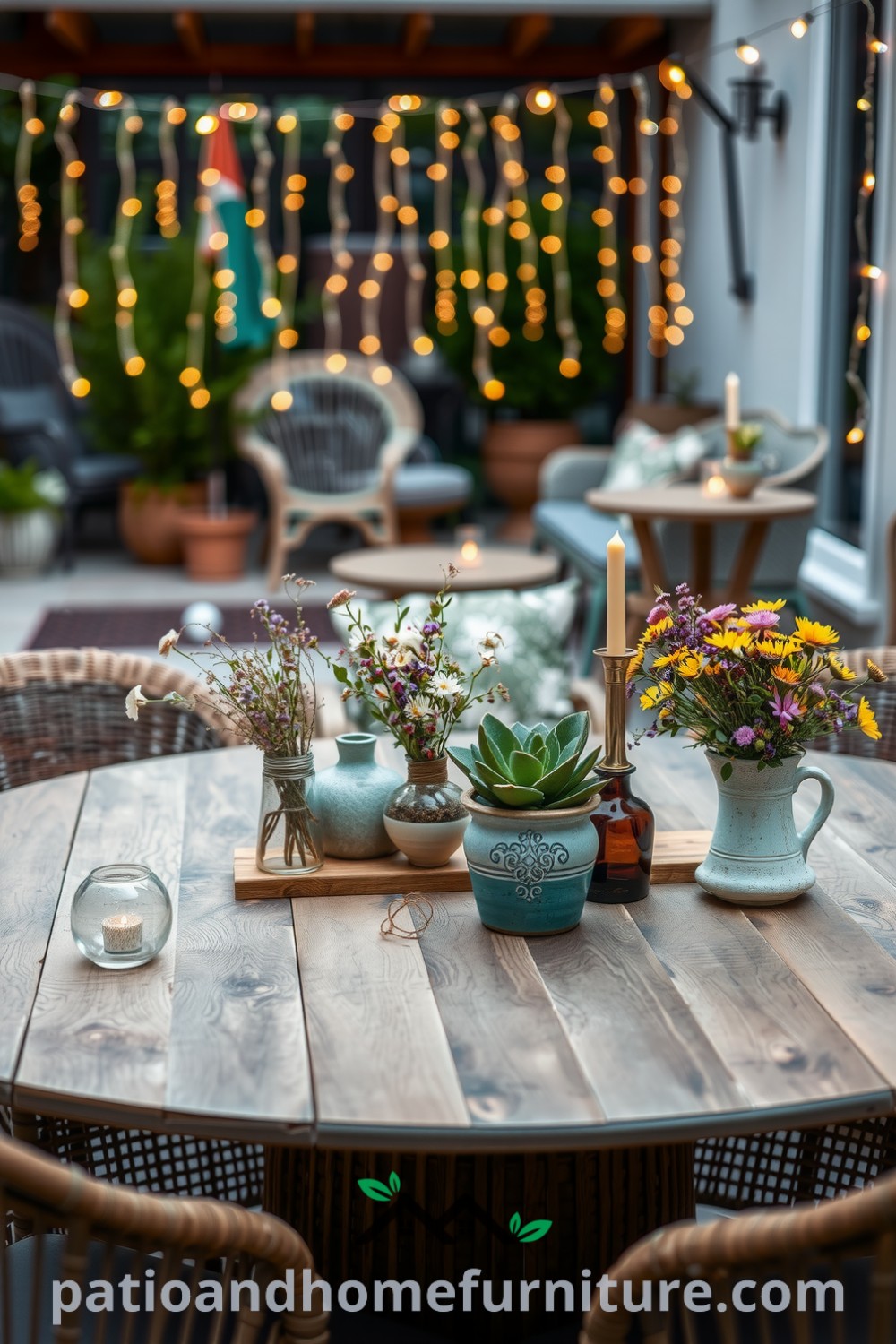 Charming outdoor patio table with a handcrafted wooden top, wildflowers in mismatched vases, twinkling fairy lights, and comfortable wicker chairs, offering cozy ideas for your home from fireplacesandwoodstoves.com.