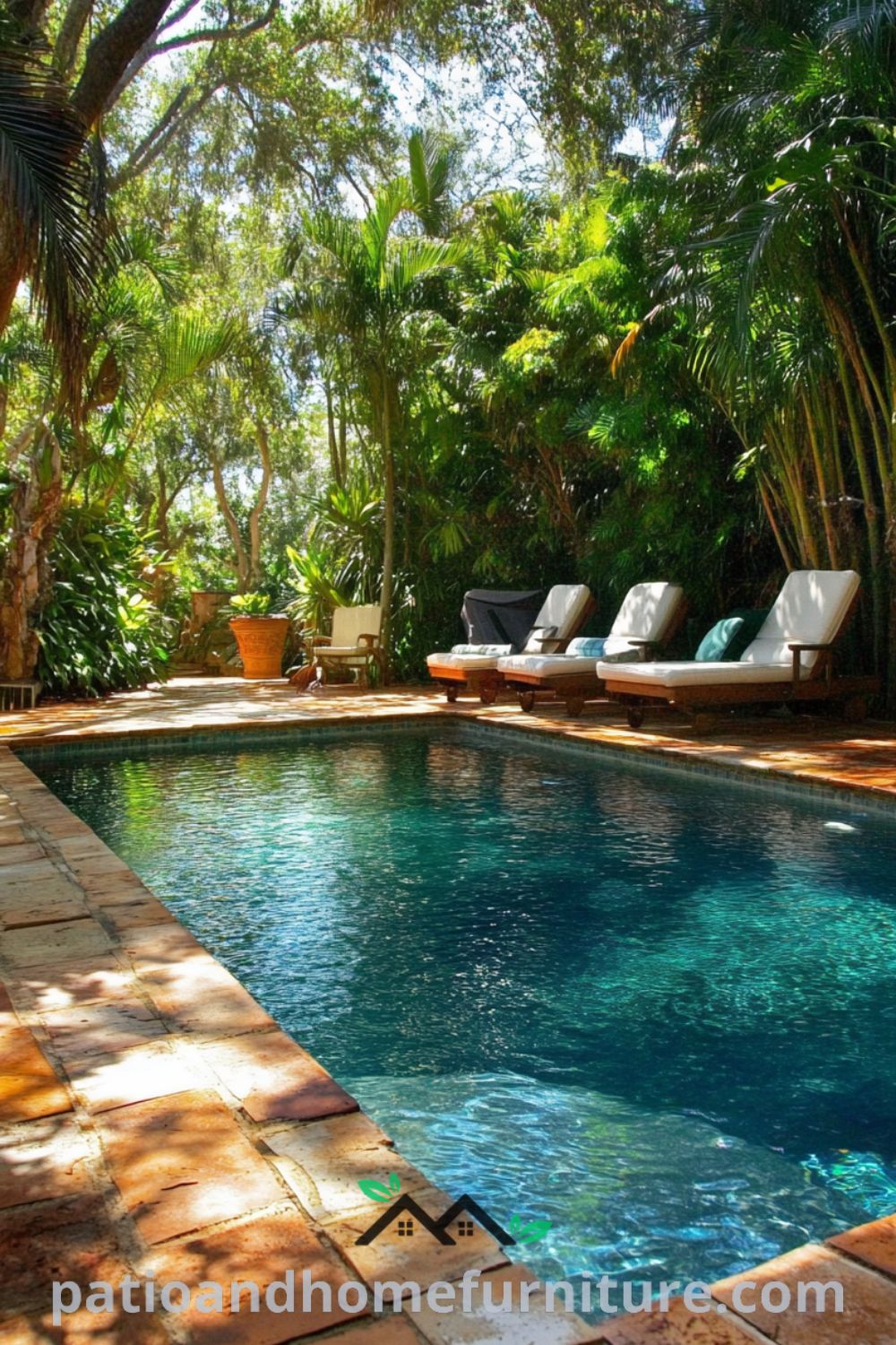 A vibrant backyard pool surrounded by lush greenery and terracotta tiles, featuring sun-worn loungers for relaxation, creating a peaceful oasis ideal for summer retreats. Explore cozy ideas and design inspirations for your home at fireplacesandwoodstoves.com.