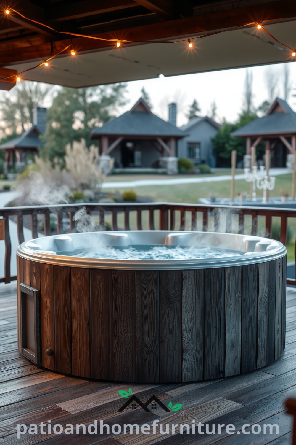 Cozy hot tub on a wooden deck overlooking a tranquil garden, surrounded by smooth stone tiles and soft twinkling lights, creating a warm and inviting atmosphere for relaxation and conversation, perfect for design ideas from fireplacesandwoodstoves.com.