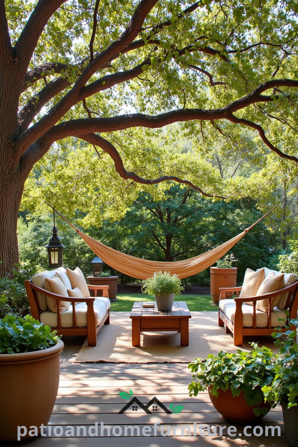 Cozy outdoor space with sunlight filtering through an oak tree, featuring rustic wooden chairs, a reclaimed wood table, potted herbs, and a hammock, creating a warm inviting atmosphere perfect for relaxation and outdoor gatherings, available at fireplacesandwoodstoves.com.