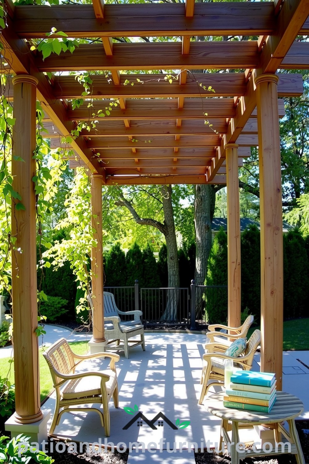 Wooden pergola in a garden adorned with climbing vines, casting dappled shadows on a stone patio with inviting chairs, creating a cozy outdoor retreat ideal for relaxation and gatherings. Explore unique decor ideas at fireplacesandwoodstoves.com.