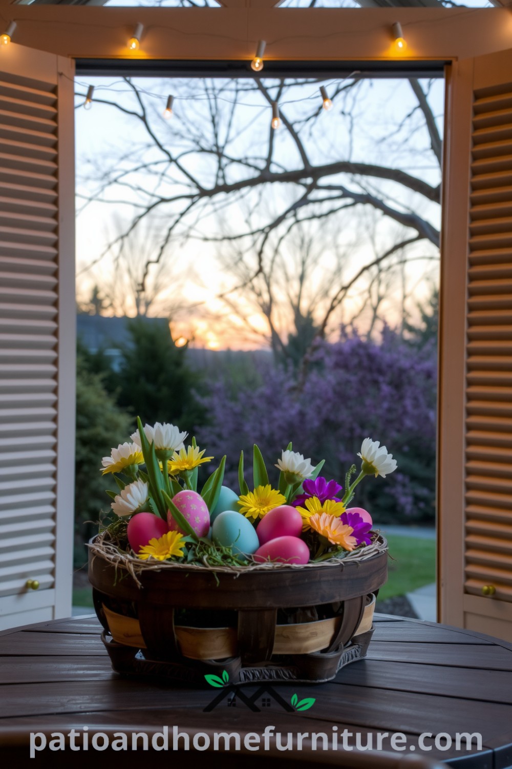 Brightly colored Easter eggs and cheerful spring flowers in a rustic wooden basket on a patio table, illuminated by twinkling string lights hanging from tree branches, creating a cozy outdoor space that inspires joyful gatherings. Visit fireplacesandwoodstoves.com for more cozy home design ideas.