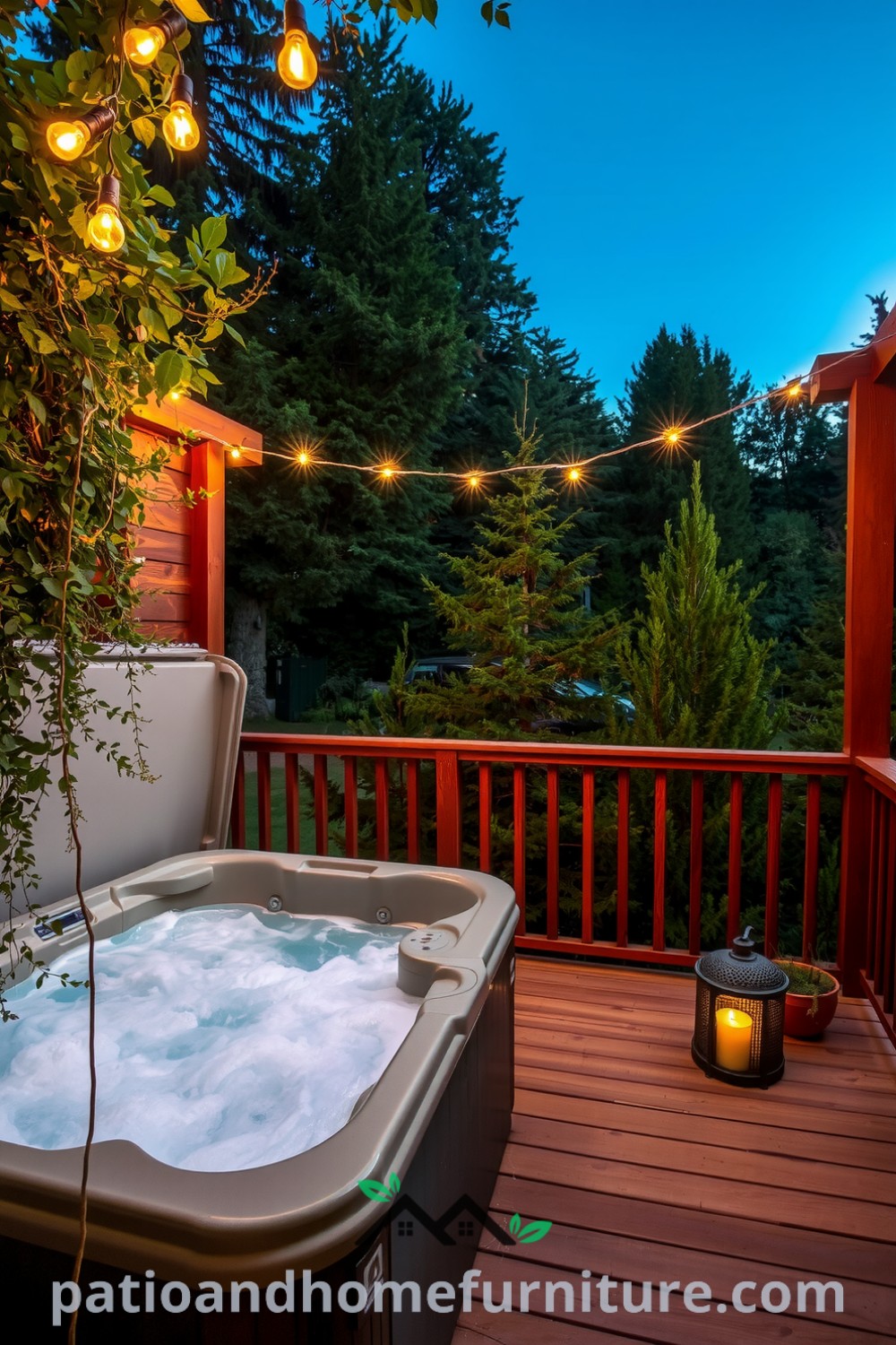 Cozy hot tub on a wooden deck surrounded by greenery, illuminated by fairy lights, creating a warm and inviting atmosphere for relaxation and evening gatherings, offering decor ideas for your home at fireplacesandwoodstoves.com.