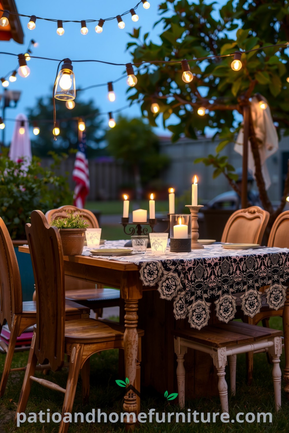 Cozy outdoor dining setup featuring a rustic wooden table with lace tablecloth, string lights, faded chairs, potted herbs, and flickering candles creating an inviting and romantic ambiance for evening gatherings, as seen on fireplacesandwoodstoves.com.