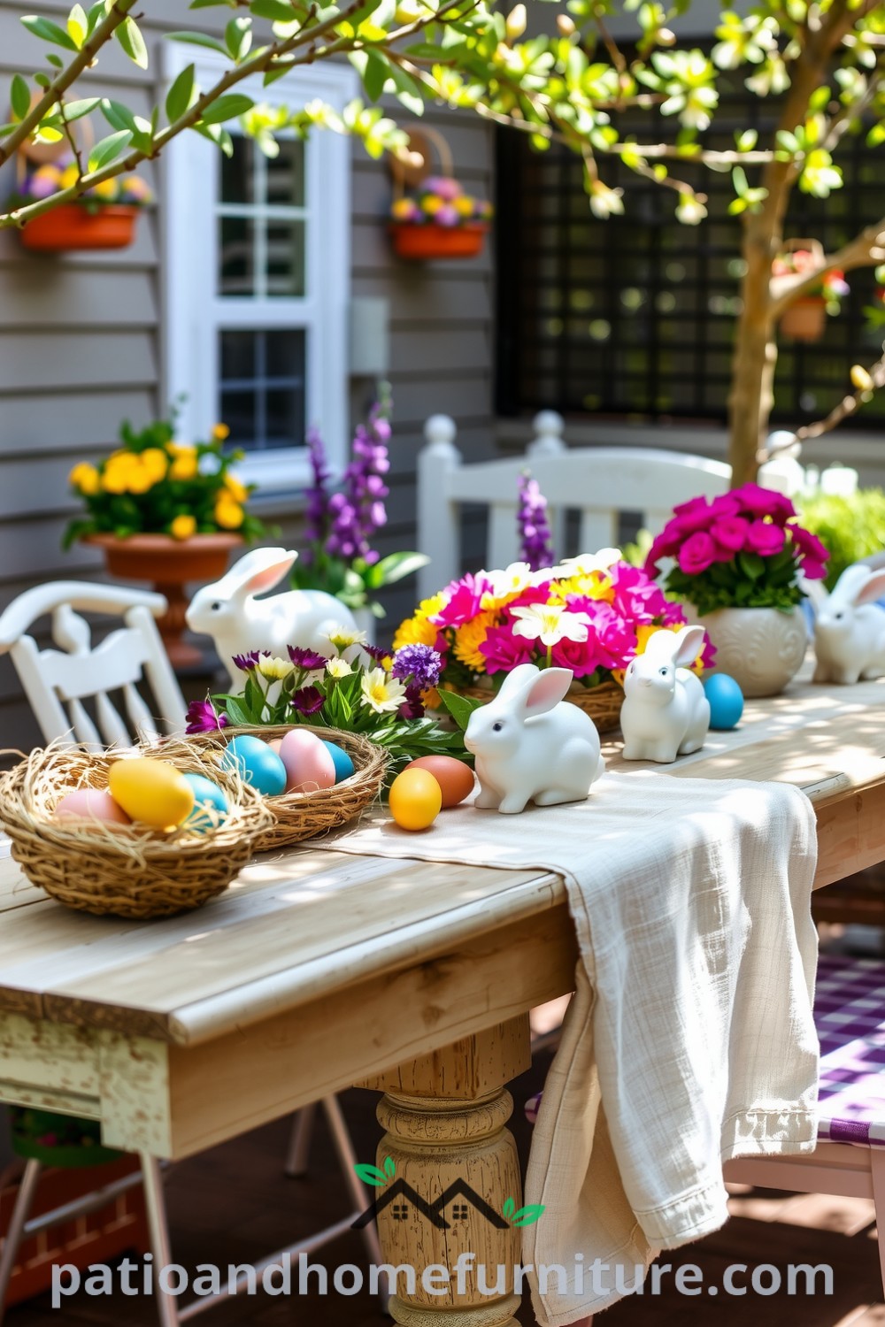 Colorful Easter decorations on a patio featuring pastel-hued eggs among spring flowers, a weathered wooden table adorned with ceramic bunnies, and a cozy linen runner, creating a warm gathering space for celebrations, ideal for inspiring decor ideas from fireplacesandwoodstoves.com.