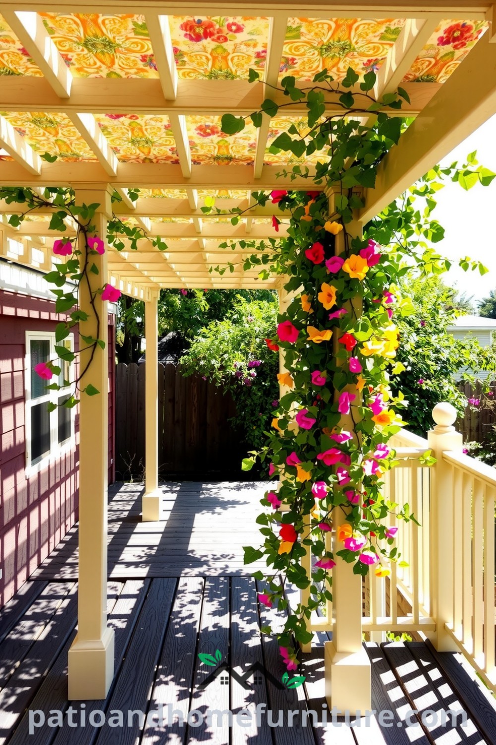 Floral vinyl pergola in a sunlit backyard, surrounded by climbing vines and blooms, with shadows cast on a wooden deck, showcasing cozy design ideas and inspirations for creating a serene outdoor oasis at fireplacesandwoodstoves.com.