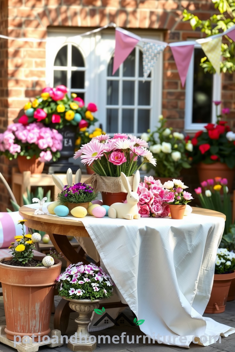 Cheerful Easter patio decor featuring pastel-painted wooden eggs, vibrant spring flowers in terracotta pots, a rustic table with fresh blooms, and handmade bunting, creating a cozy and inviting outdoor space for joyful gatherings, from fireplacesandwoodstoves.com.