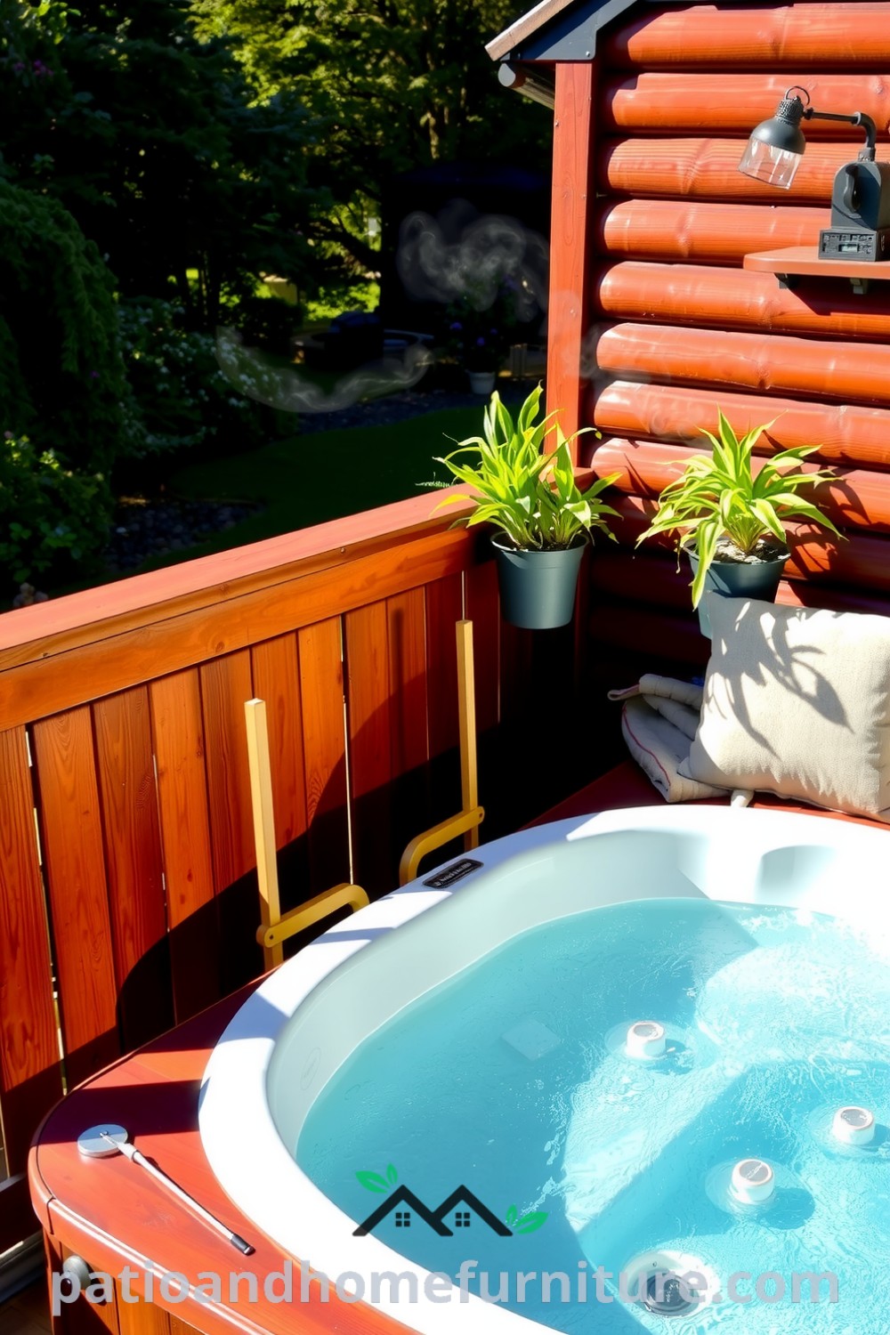 Cozy deck featuring a hot tub surrounded by smooth wooden finishes and potted plants, with soft steam rising in the sunlight, creating an inviting ambiance for relaxation, inspired by cozy home design ideas on fireplacesandwoodstoves.com.