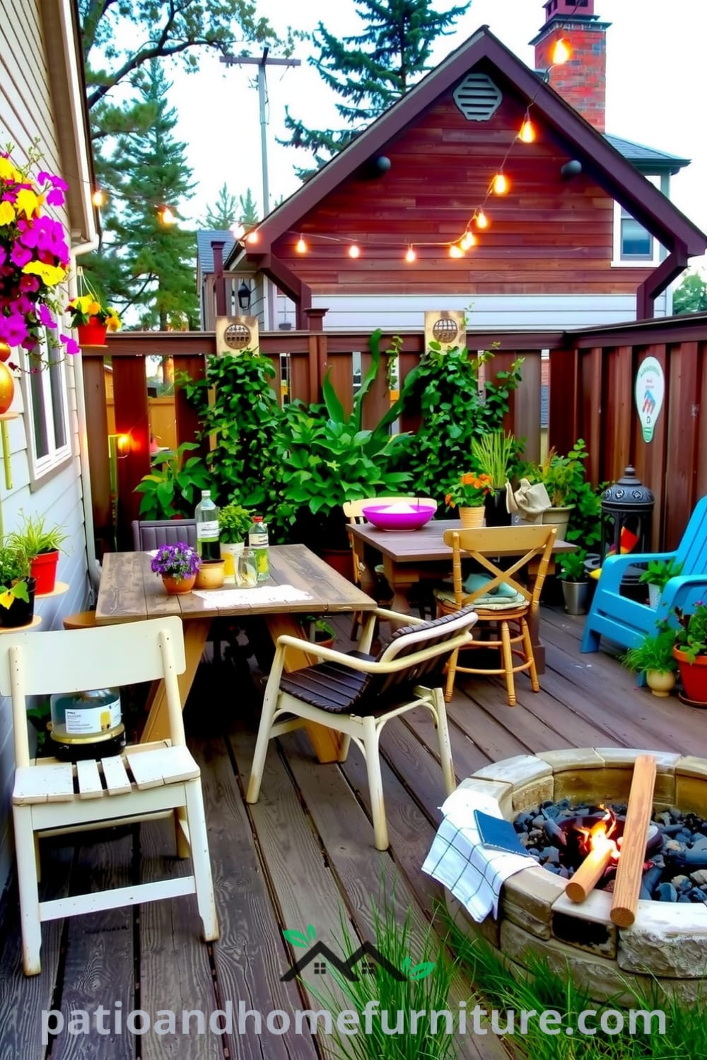 Cozy backyard with a weathered wooden deck, stone fire pit, and rustic dining table surrounded by vibrant flowers and herbs, offering inviting decor ideas and inspirations for a cozy home atmosphere. Visit fireplacesandwoodstoves.com for more unique ideas.