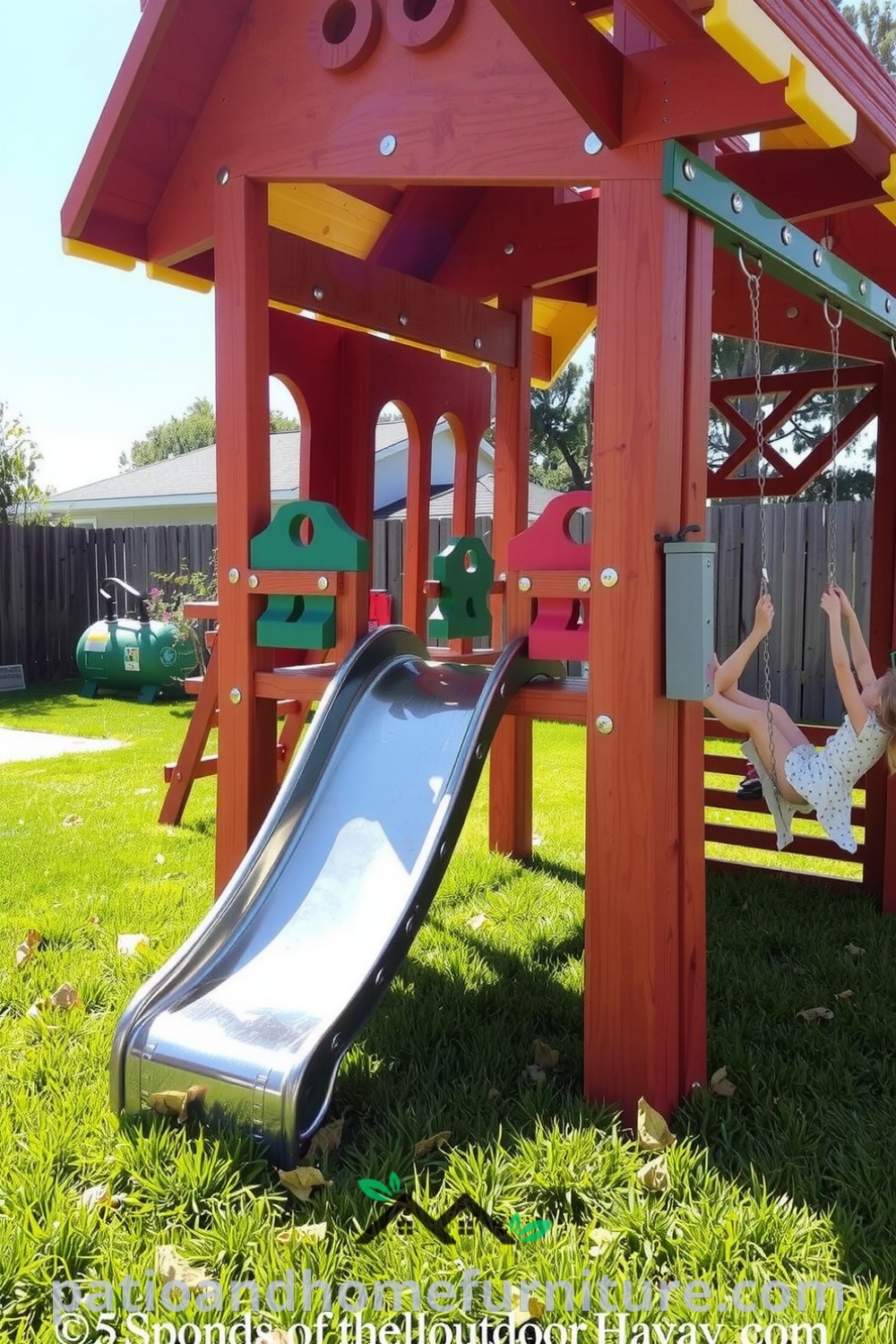 A colorful multi-activity play center in a backyard featuring a slide and swings, surrounded by lush green grass, creating a cozy and inviting outdoor space for children, with inspirations for unique decor ideas at fireplacesandwoodstoves.com.