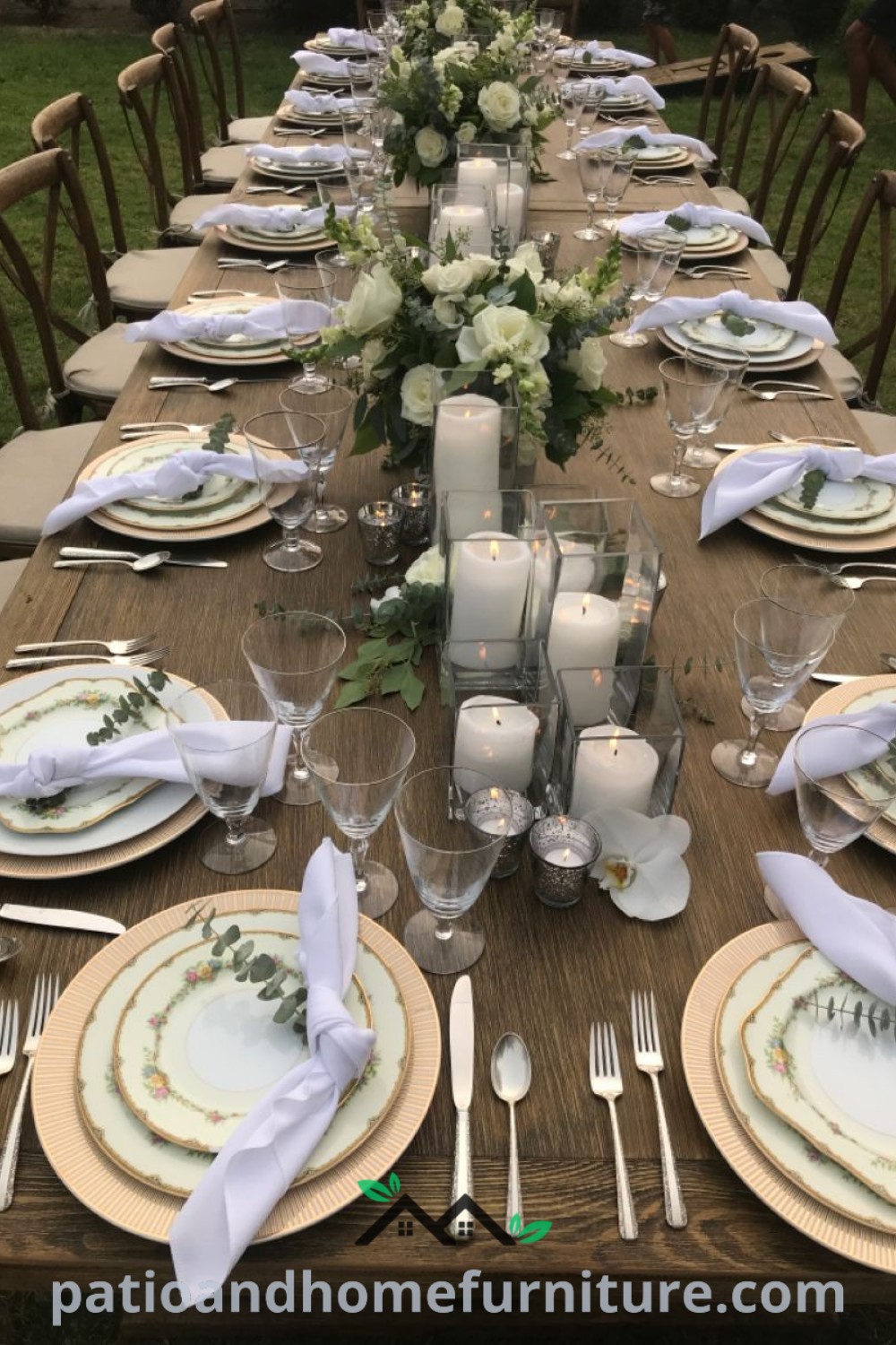 Elegant dinner table set for a party with white and green plates, silverware, napkins, candles, and floral arrangements. Cozy ideas for unique table decor inspirations and design ideas promoting an inviting atmosphere for dinner parties. Visit wellnesswink.com for more decor ideas.
