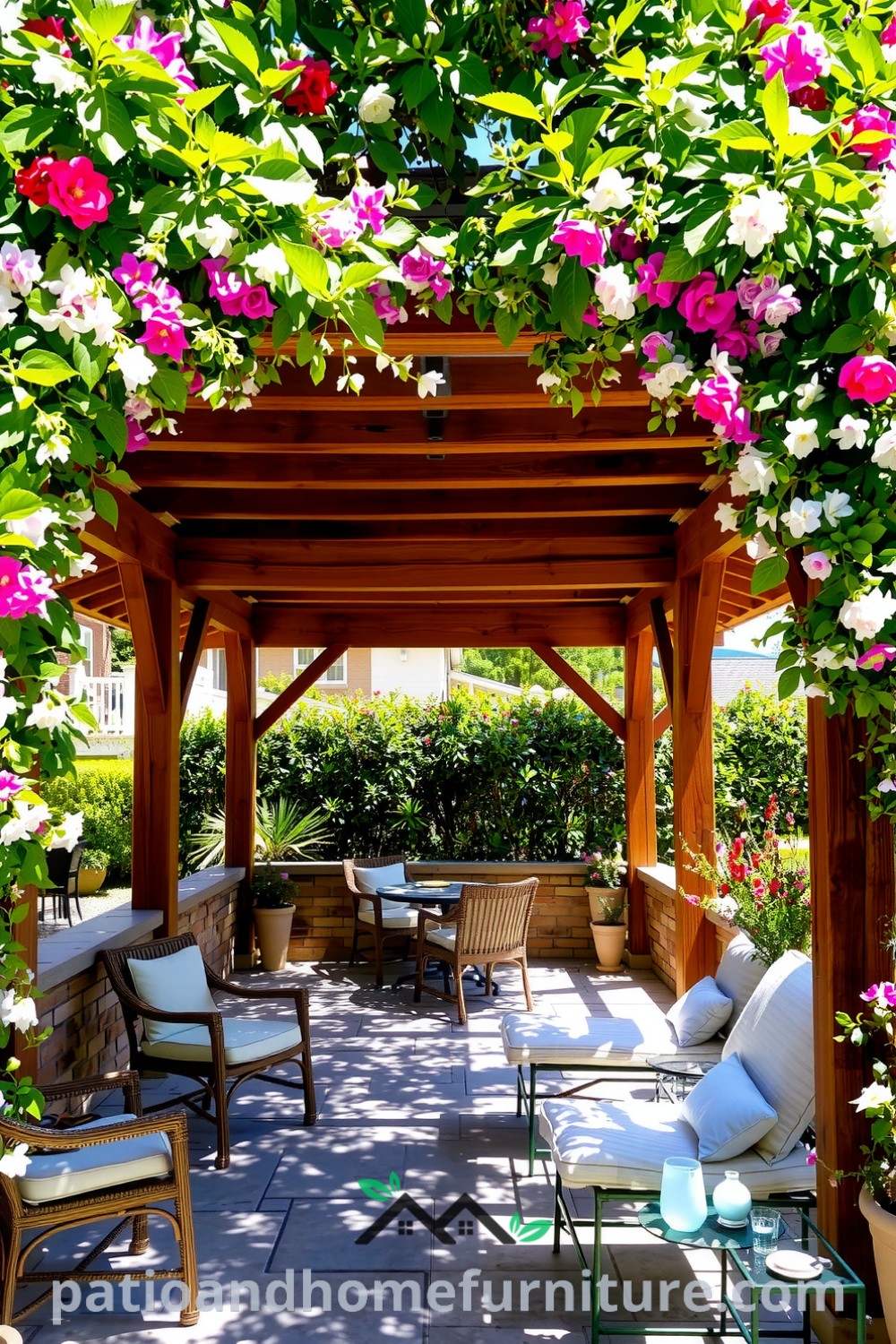 A cozy wooden pergola adorned with colorful flowers and climbing vines provides an inviting atmosphere on a sun-dappled patio, ideal for gatherings. The scene captures the essence of outdoor decor inspirations and unique ideas for your home at fireplacesandwoodstoves.com.