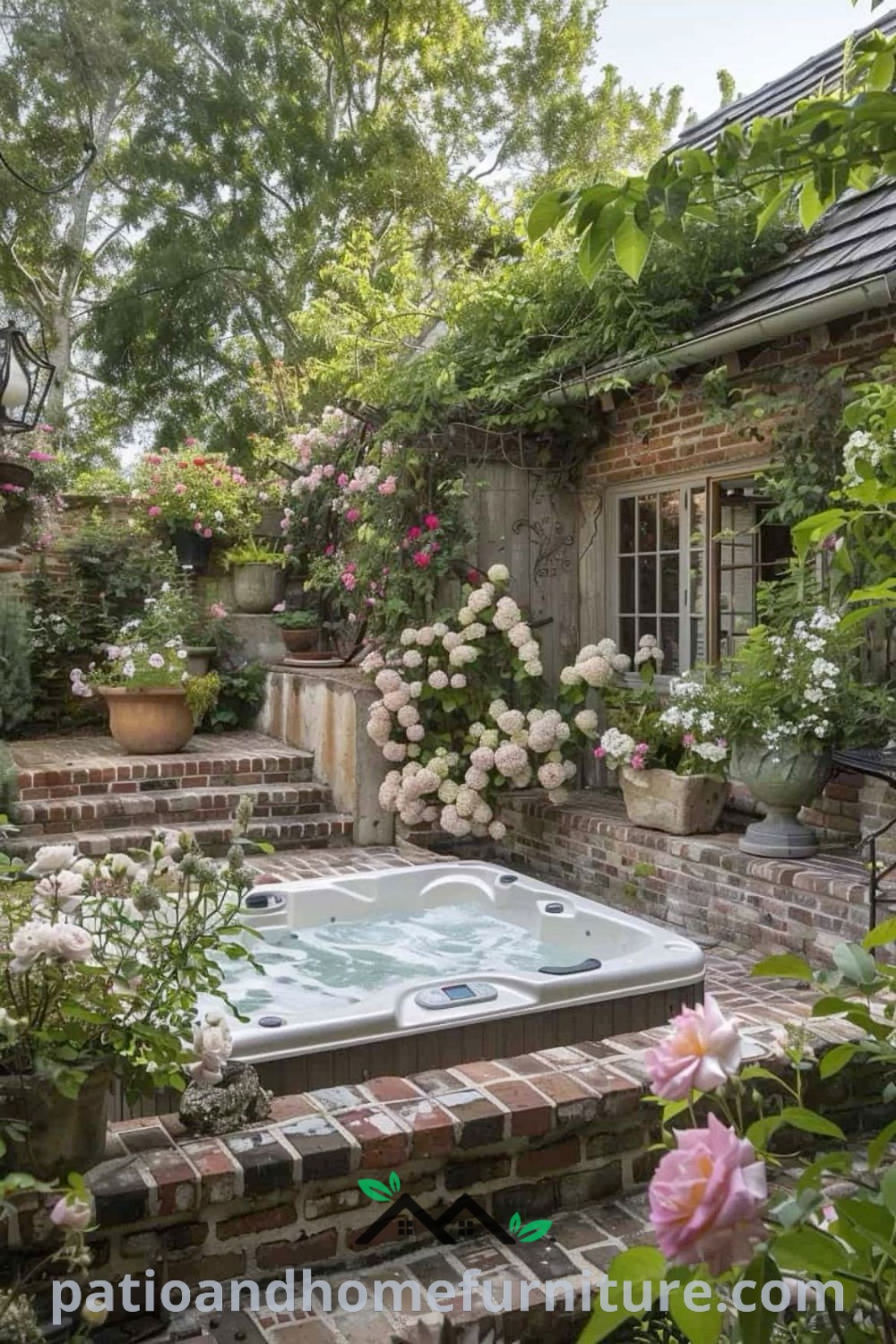 Outdoor hot tub nestled among colorful flowers and greenery, creating a serene oasis ideal for relaxation, featuring cozy ideas and inspiring design ideas for home landscaping from wellnesswink.com.