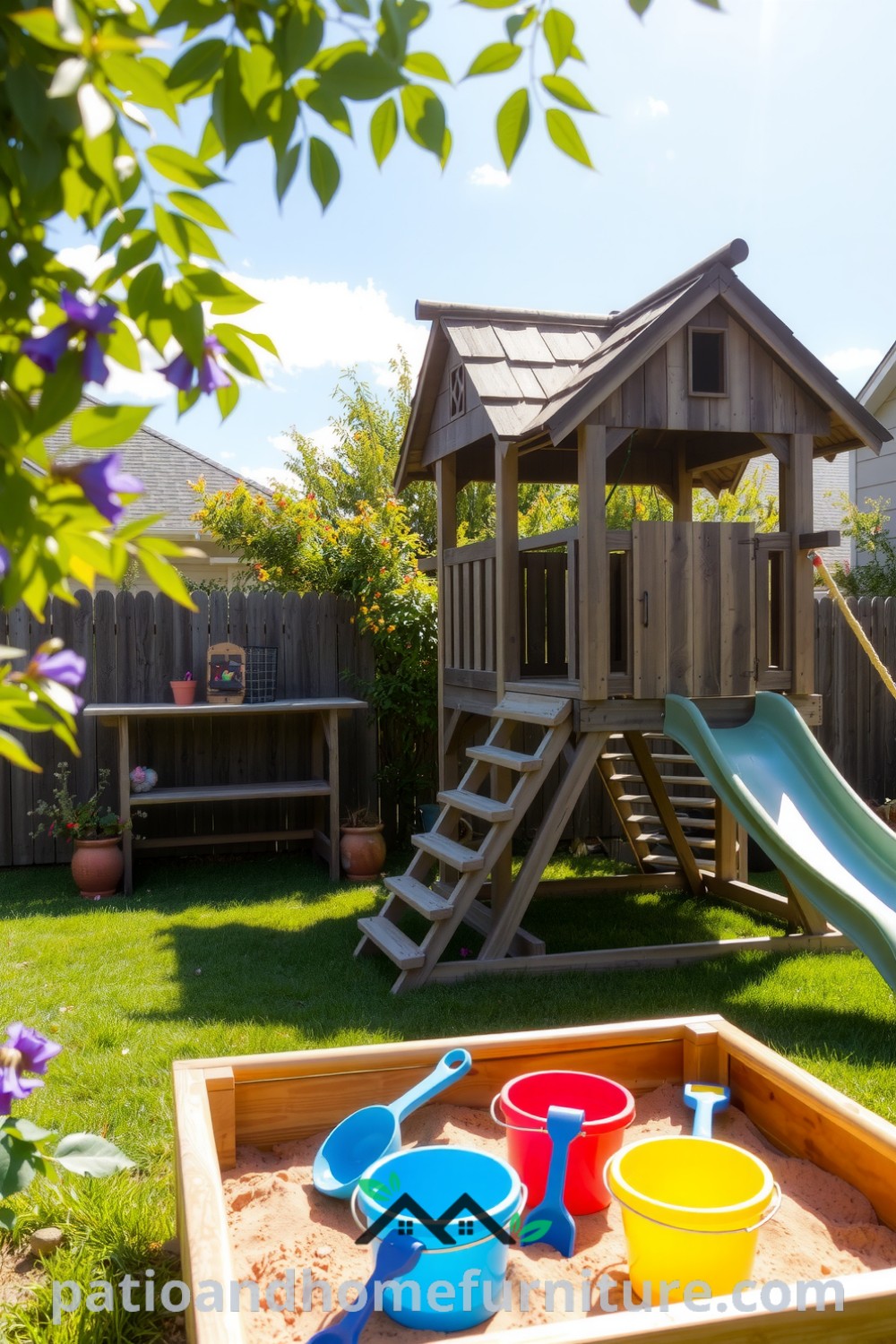 Backyard play center featuring a weathered wooden structure with climbing ropes, a slide glistening with morning dew, and a sandbox filled with buckets and shovels, creating a warm and inviting atmosphere perfect for family fun at fireplacesandwoodstoves.com.
