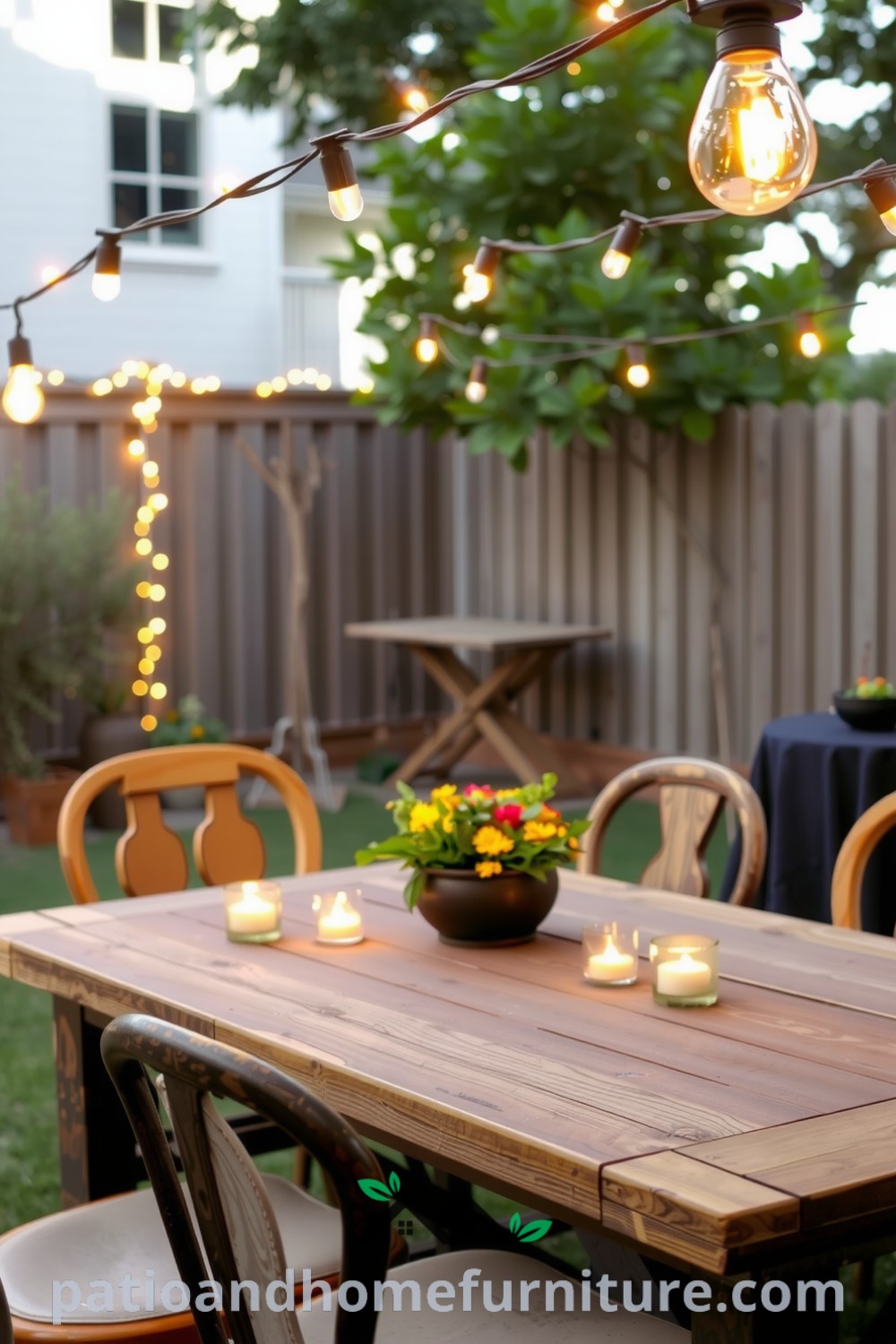 Charming backyard dinner setup with a rustic wooden table, mismatched chairs, twinkling string lights, and flickering candlelight, ideal for cozy gatherings and celebrations. Visit fireplacesandwoodstoves.com for inspiring decor ideas and unique concepts for your home.