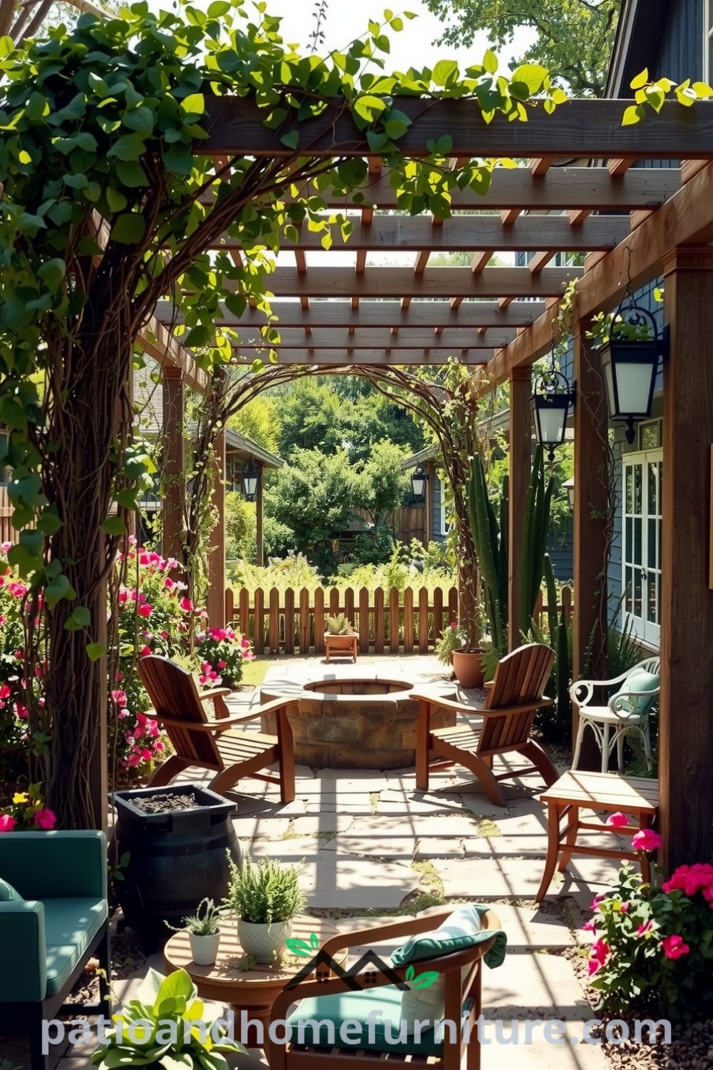 A cozy backyard retreat featuring a wooden pergola with climbing vines, a central fire pit surrounded by mismatched chairs, and blooming flowers and greenery, providing unique decor ideas for your home. Visit fireplacesandwoodstoves.com for inspiration.