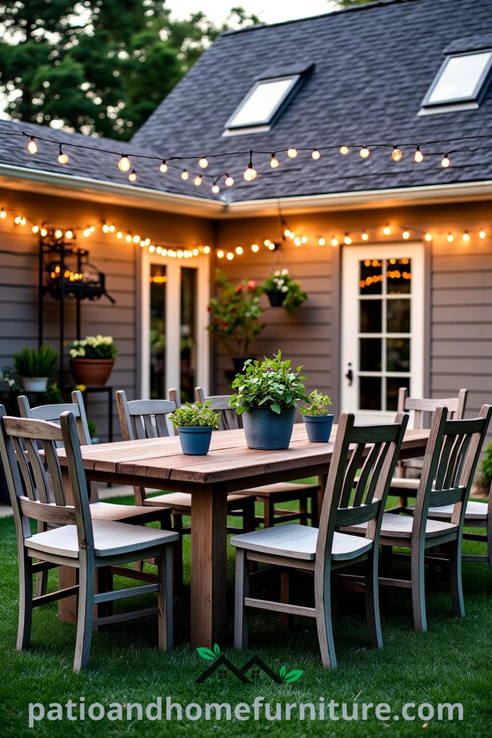 Rustic backyard with a wooden table and mismatched chairs, illuminated by string lights, featuring potted herbs and lush grass, creating a cozy space ideal for family gatherings at fireplacesandwoodstoves.com.