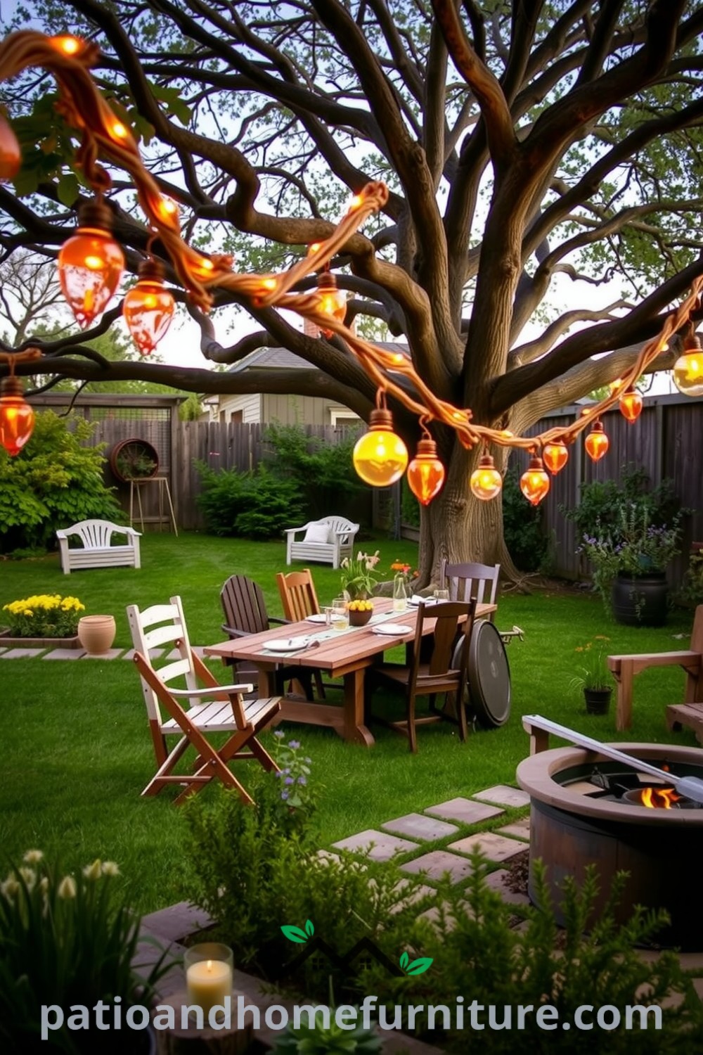 A charming backyard scene featuring a weathered wooden table with mismatched chairs under a sprawling oak tree, surrounded by potted herbs and a rustic fire pit, enhanced by string lights creating a cozy atmosphere. For more cozy ideas, visit fireplacesandwoodstoves.com.