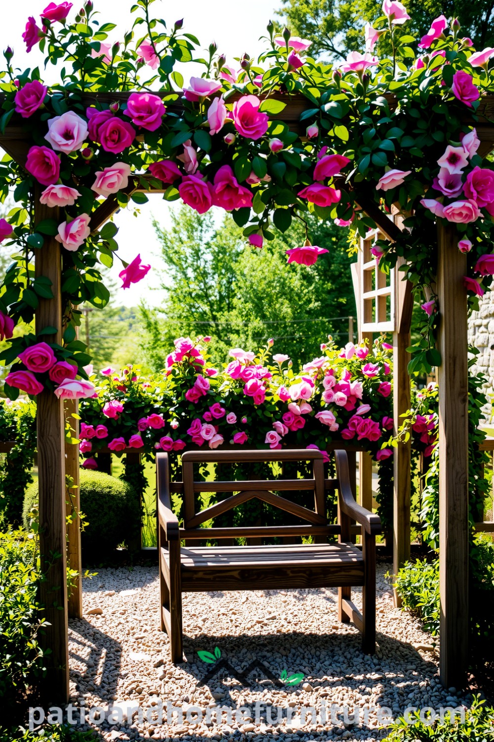 A beautiful floral pergola entwined with roses and jasmine in a sunlit garden, featuring a weathered bench on a pebble path, perfect for serene moments and outdoor enjoyment, showcasing cozy ideas for your home and unique decor inspirations at fireplacesandwoodstoves.com.