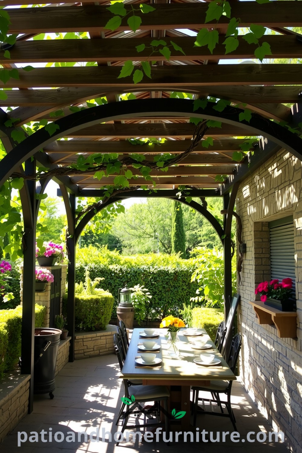 Cozy patio featuring a graceful arched pergola with entwined vines over a rustic stone table, creating an inviting ambiance perfect for leisurely meals. Discover unique decor ideas and inspirations for your home at fireplacesandwoodstoves.com.