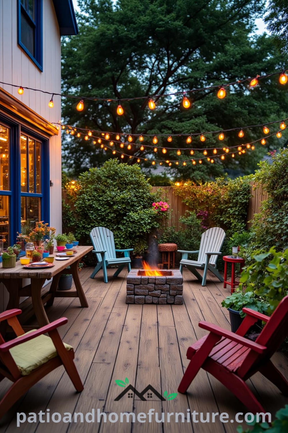 Cozy backyard featuring a fire pit surrounded by mismatched chairs, lush plants, and string lights creating a warm atmosphere. Inspiring design ideas for cozy home gatherings, perfect for sharing laughter outdoors. Visit fireplacesandwoodstoves.com for more decor inspirations.