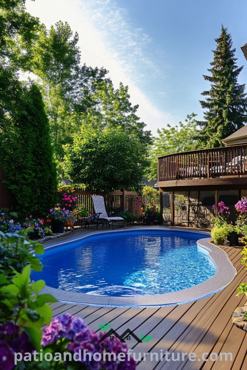 Elegant above ground pool oasis featuring a stunning wooden deck from patioandhomefurniture.com, surrounded by lush greenery and vibrant flowers, perfect for Backyard Oasis Above Ground Pool and Above Ground Pool Decks With Bar ideas.