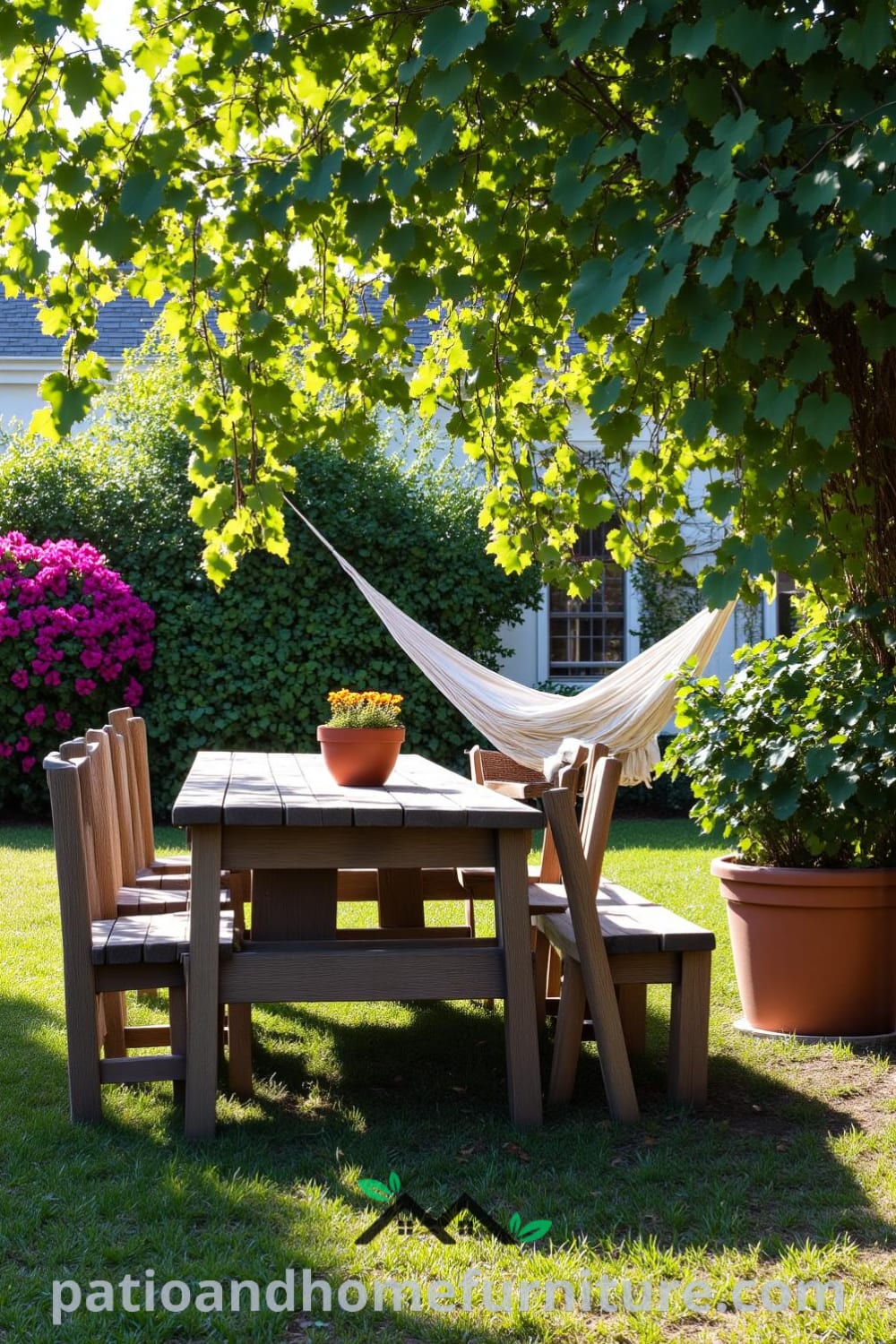 Backyard featuring a weathered wooden picnic table, mismatched chairs, a cozy hammock, and vibrant plants in rustic pots, creating an inviting and relaxing atmosphere, ideal for outdoor gatherings, with cozy ideas for your home, design ideas, and decor inspirations from fireplacesandwoodstoves.com.