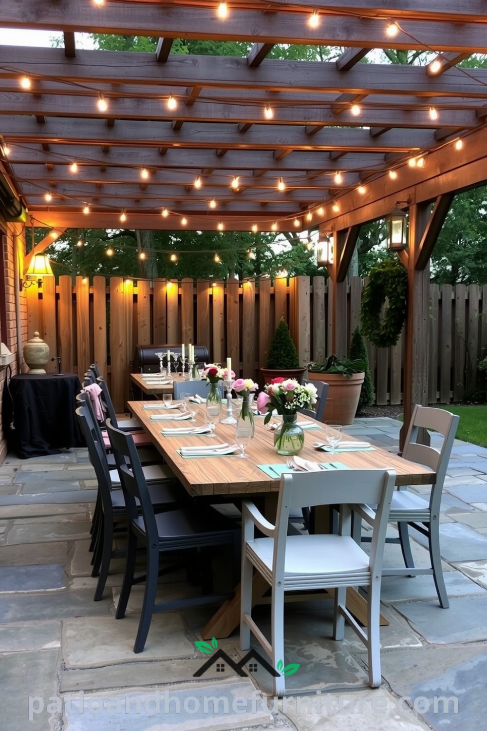 Cozy outdoor dining area with a rustic wooden pergola, twinkling lights, mismatched chairs, and fresh flowers, creating an inviting ambiance perfect for special occasions, inspired by unique ideas at fireplacesandwoodstoves.com.