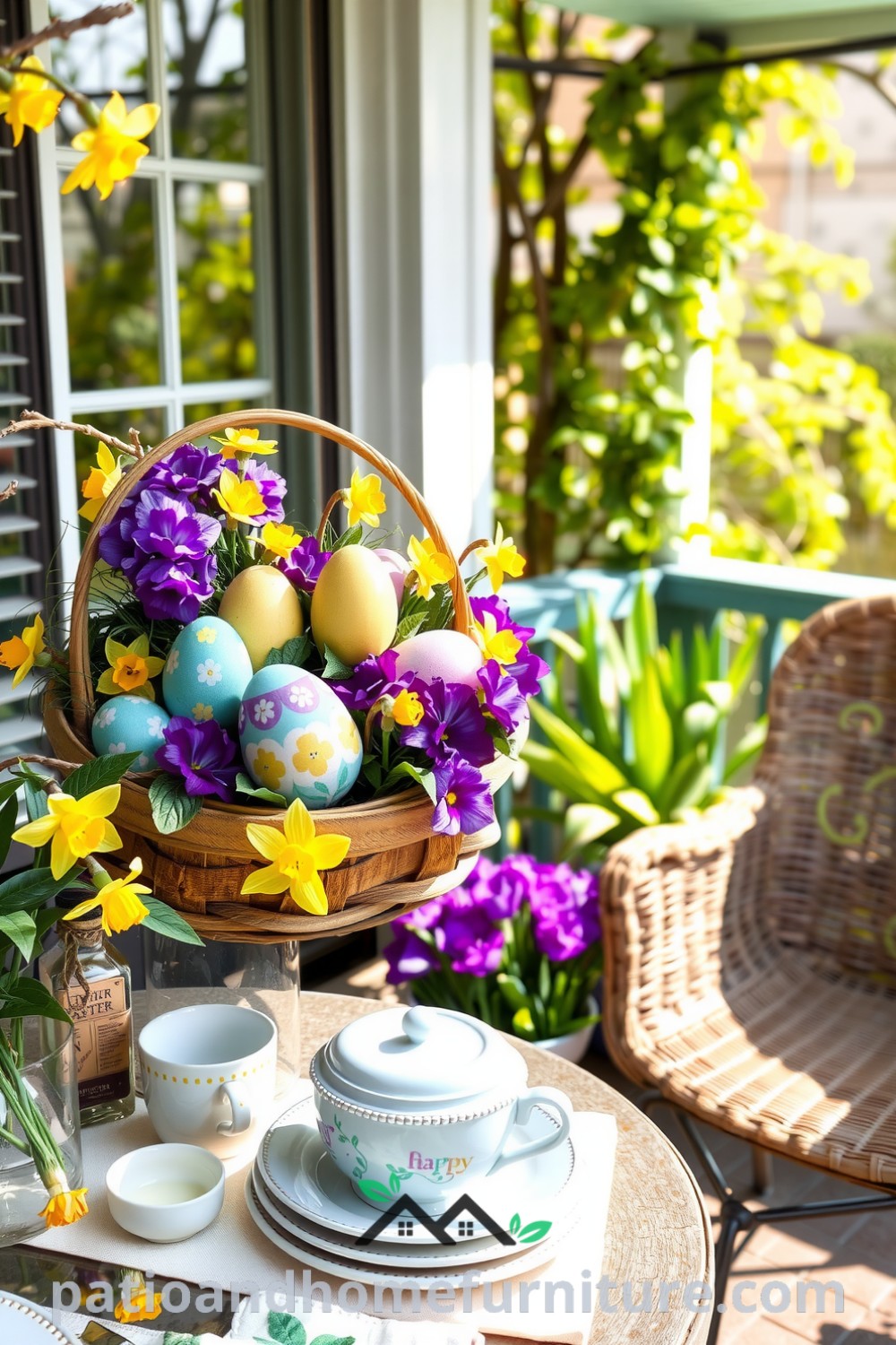 A cozy patio decorated for Easter with hand-painted eggs in a wooden basket, vibrant pansies and daffodils, a rustic table with pastel ceramic dishes, and a wicker chair, creating a cheerful atmosphere. Visit fireplacesandwoodstoves.com for inspiring decor ideas.
