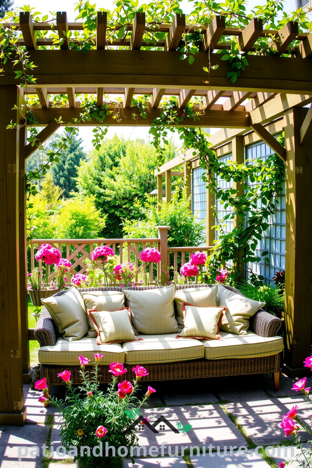 Colorful floral vinyl pergola in a sunlit garden, surrounded by greenery and climbing vines, with soft cushions on a rustic sofa creating a cozy outdoor nook, showcasing unique ideas for home decor inspirations on fireplacesandwoodstoves.com.