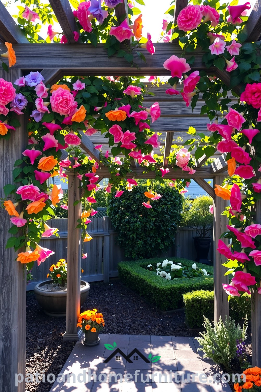 Floral pergola in a tranquil backyard adorned with climbing vines and colorful blossoms, with sunlight filtering through the leaves and creating playful shadows, offering cozy decor ideas for your home, inspired by nature, showcased at fireplacesandwoodstoves.com.