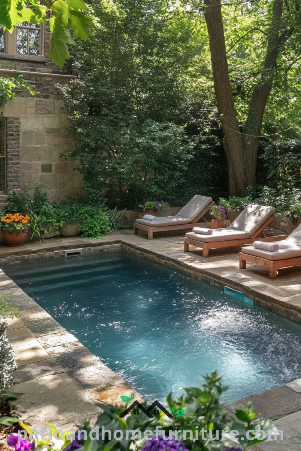 Inviting backyard pool escape featuring cozy wooden loungers and vibrant flowers from patioandhomefurniture.com, showcasing unique decor ideas for your home and relaxing outdoor inspirations.