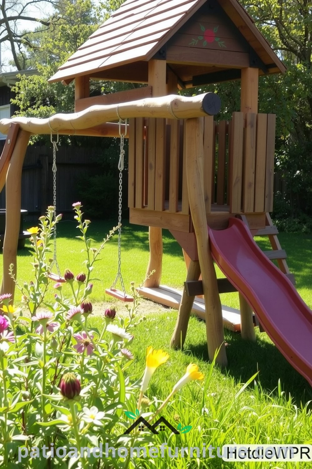 Wooden backyard playground with weathered swings, a shiny slide, and hand-painted designs, surrounded by wildflowers and grass, creating a joyful outdoor space ideal for children’s play and family gatherings, featured on fireplacesandwoodstoves.com.