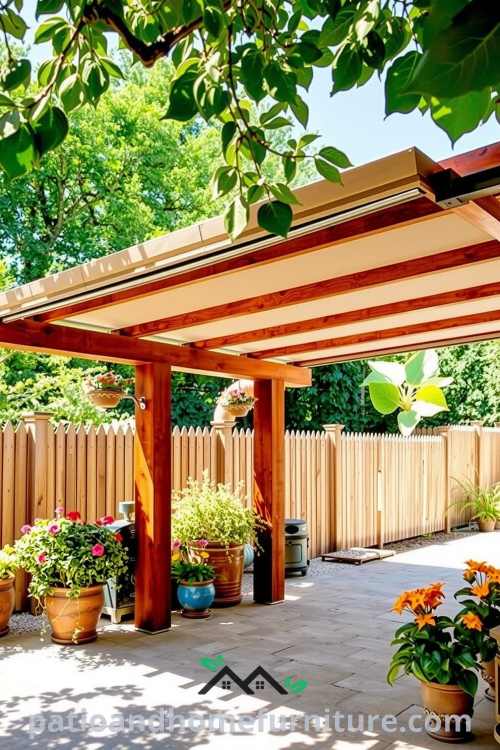Retractable canopy pergola made of weathered wood in a lush backyard, with sunlight filtering through the fabric, vibrant potted plants on a stone patio, creating a cozy and inviting atmosphere for afternoon relaxation and gatherings, from fireplacesandwoodstoves.com.