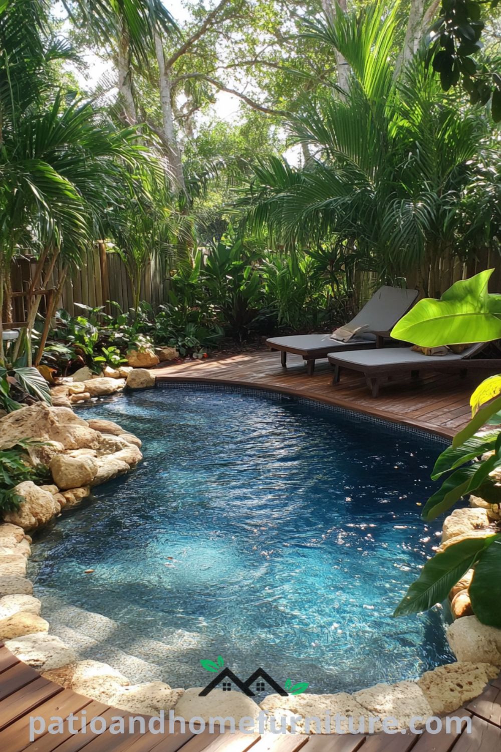 Inviting tropical backyard oasis with small pool design, natural swimming pools, and lush landscaping from patioandhomefurniture.com, offering a perfect outdoor living space for relaxation and comfort.