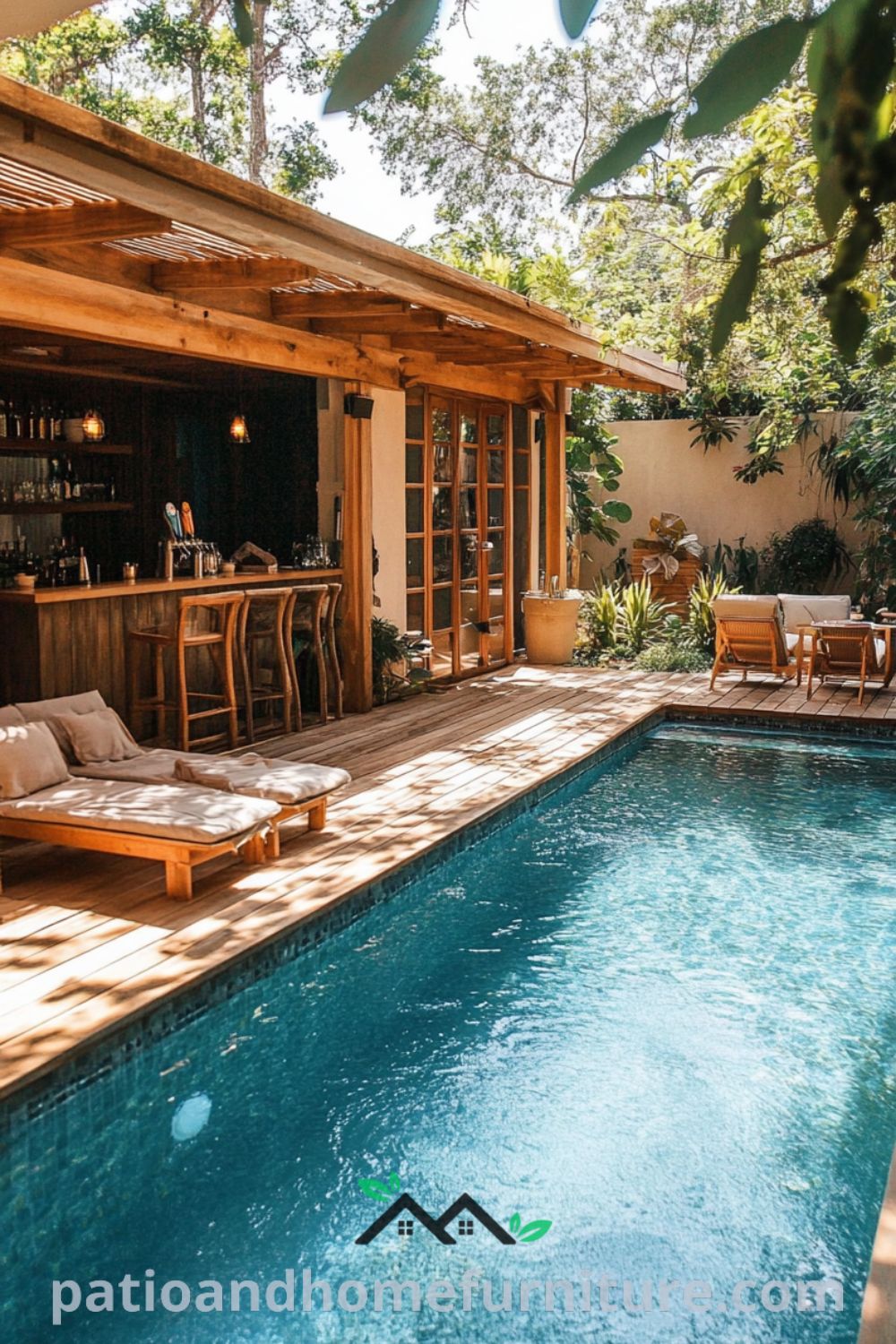Elegant above ground pool retreat at patioandhomefurniture.com with a wooden deck, cozy bar area, and lush greenery, perfect for backyard oasis ideas and affordable pool patio designs.
