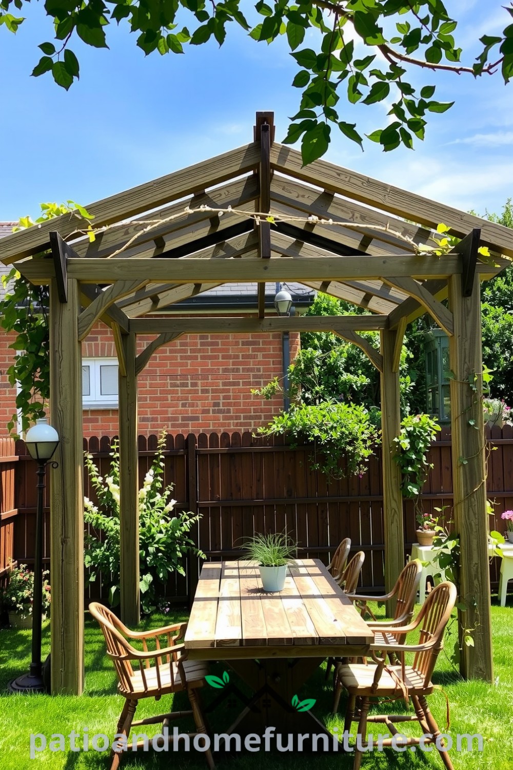 Freestanding wooden pergola in a sunlit garden corner, surrounded by twisting vines and a rustic wooden table with mismatched chairs, creating a cozy outdoor retreat perfect for gatherings, featured on fireplacesandwoodstoves.com.