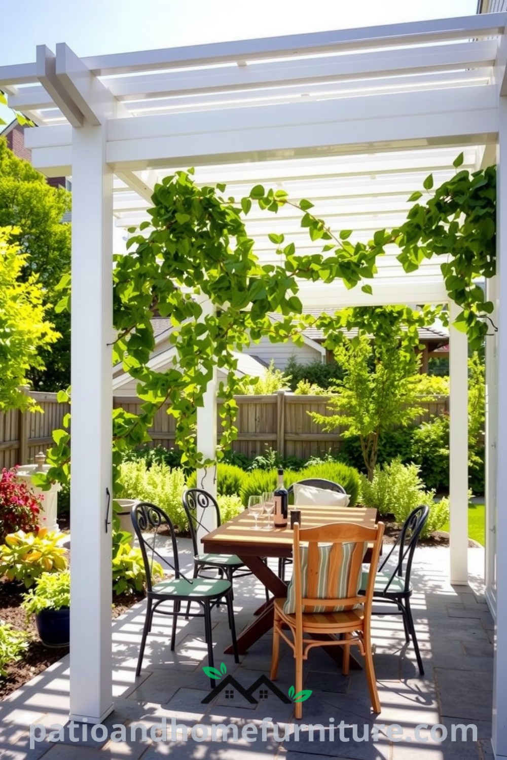 Vinyl pergola in a garden with vibrant climbing vines, a rustic wooden table, and mismatched chairs, creating a cozy and inviting atmosphere for leisurely meals, perfect for home design inspirations at fireplacesandwoodstoves.com.