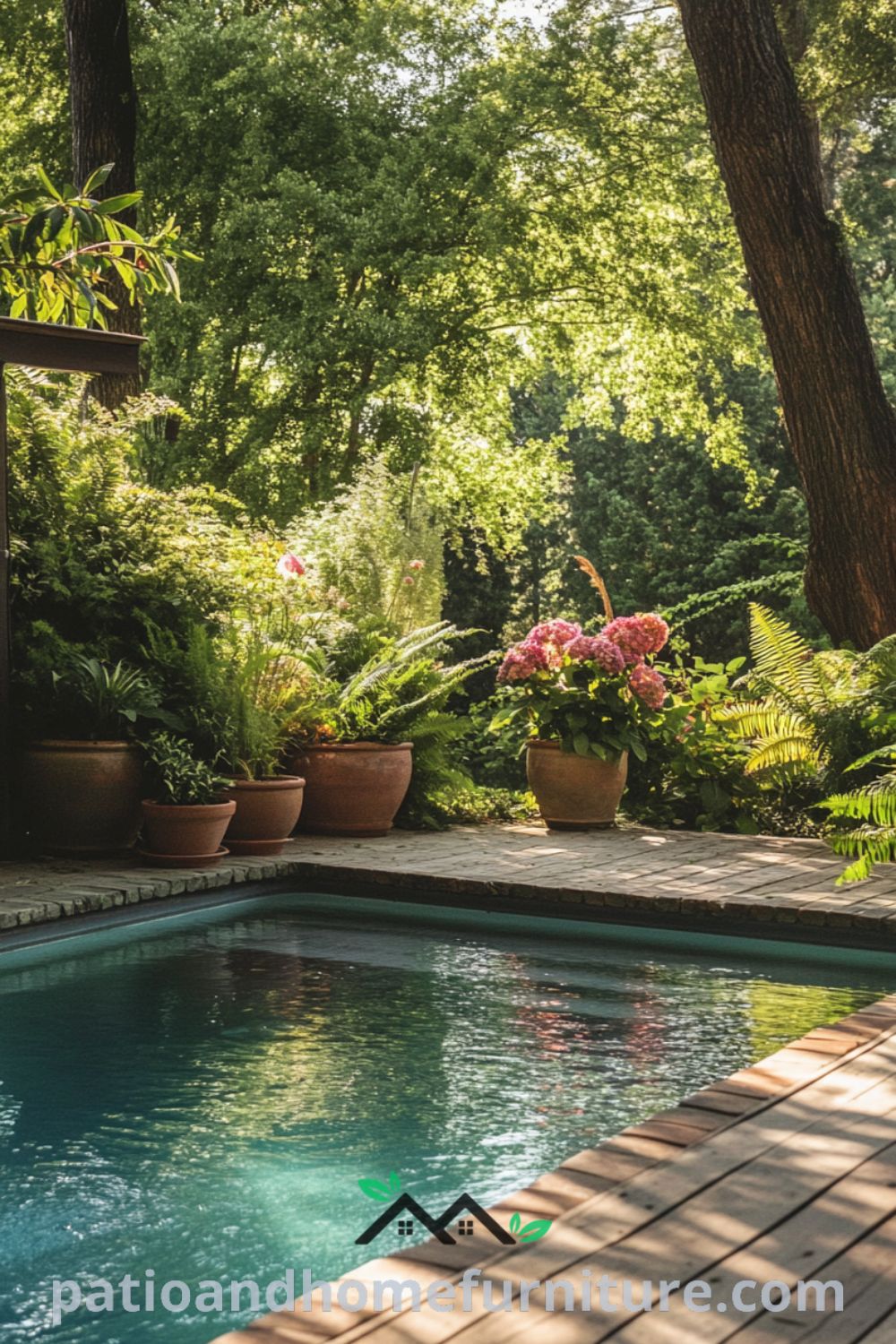 Inviting backyard oasis design featuring a small pool, sun-worn deck, and vibrant flowers from patioandhomefurniture.com, ideal for cozy home ideas and decor inspirations.