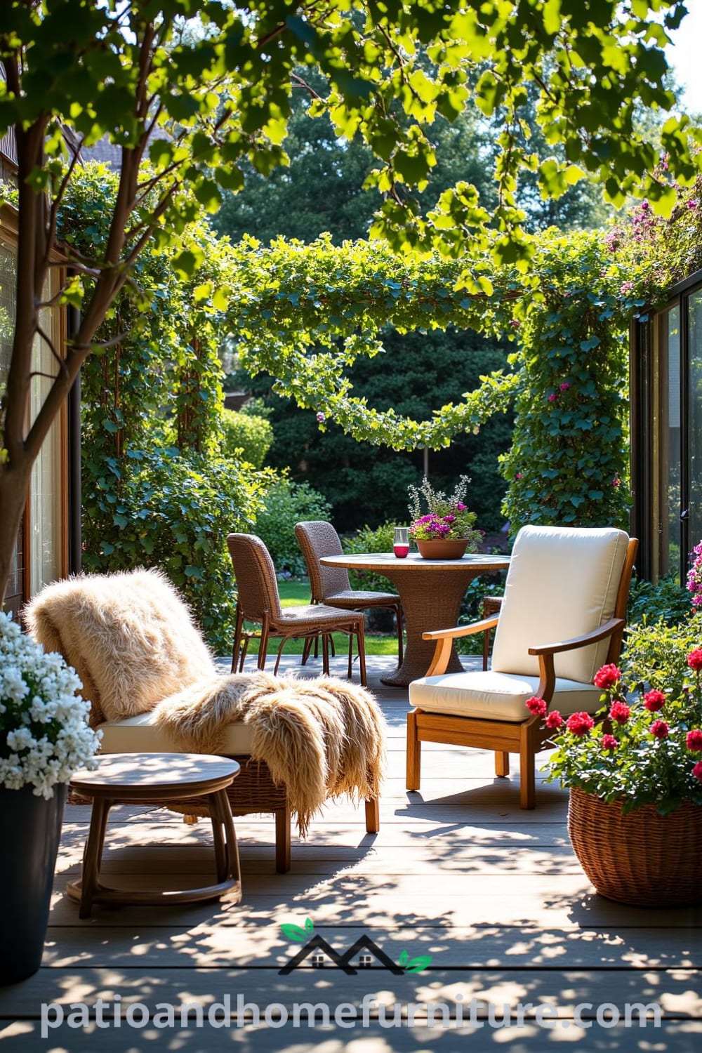 Backyard scene showcasing a wooden deck with lounge chairs and a rustic dining table, surrounded by climbing vines and flowers, creating a cozy retreat perfect for gatherings, offering inspiring decor ideas for your home, visit fireplacesandwoodstoves.com for unique inspirations.
