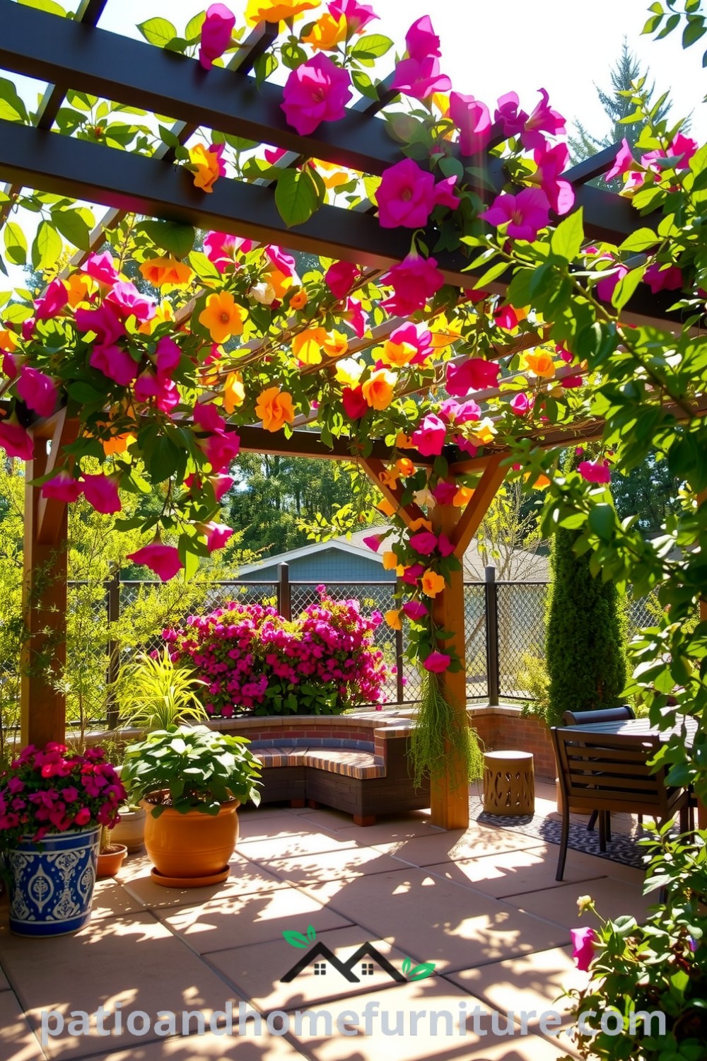 Vibrant floral vinyl pergola casting shadows on a sunlit patio, surrounded by lush green plants, creating a cozy outdoor oasis for relaxation and connection with nature, with inspiring ideas for your home and decor inspirations from fireplacesandwoodstoves.com.