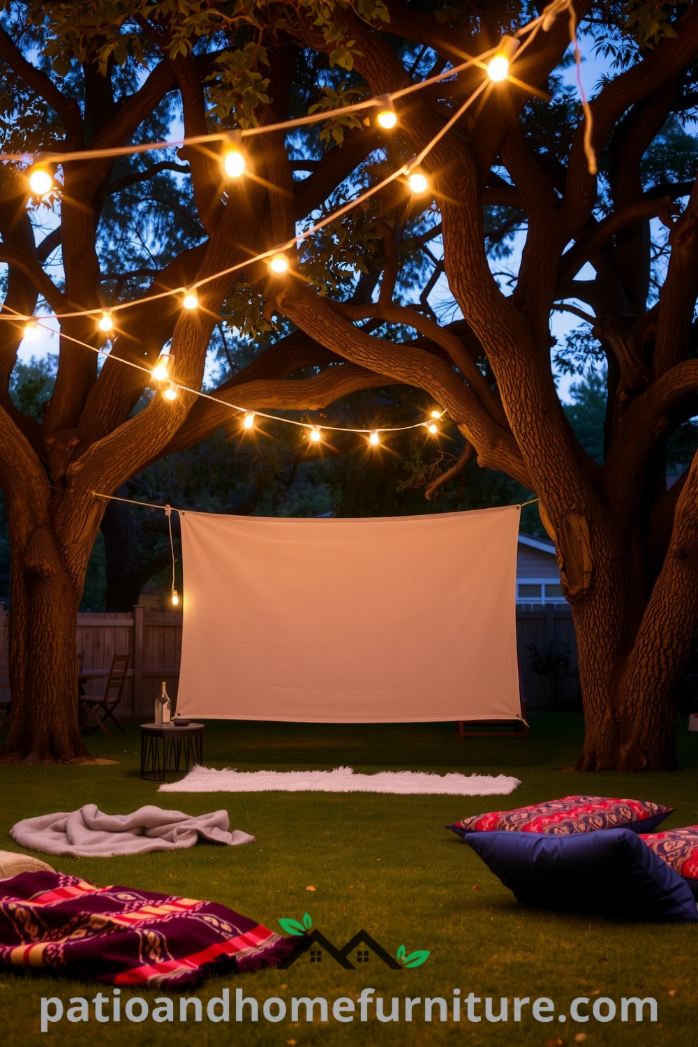 Backyard movie night setup featuring a canvas screen hanging between two oak trees, illuminated by string lights, surrounded by plush blankets and colorful cushions on the grass, showcasing cozy ideas and decor inspirations for creating a unique outdoor retreat. Visit fireplacesandwoodstoves.com for more design ideas.