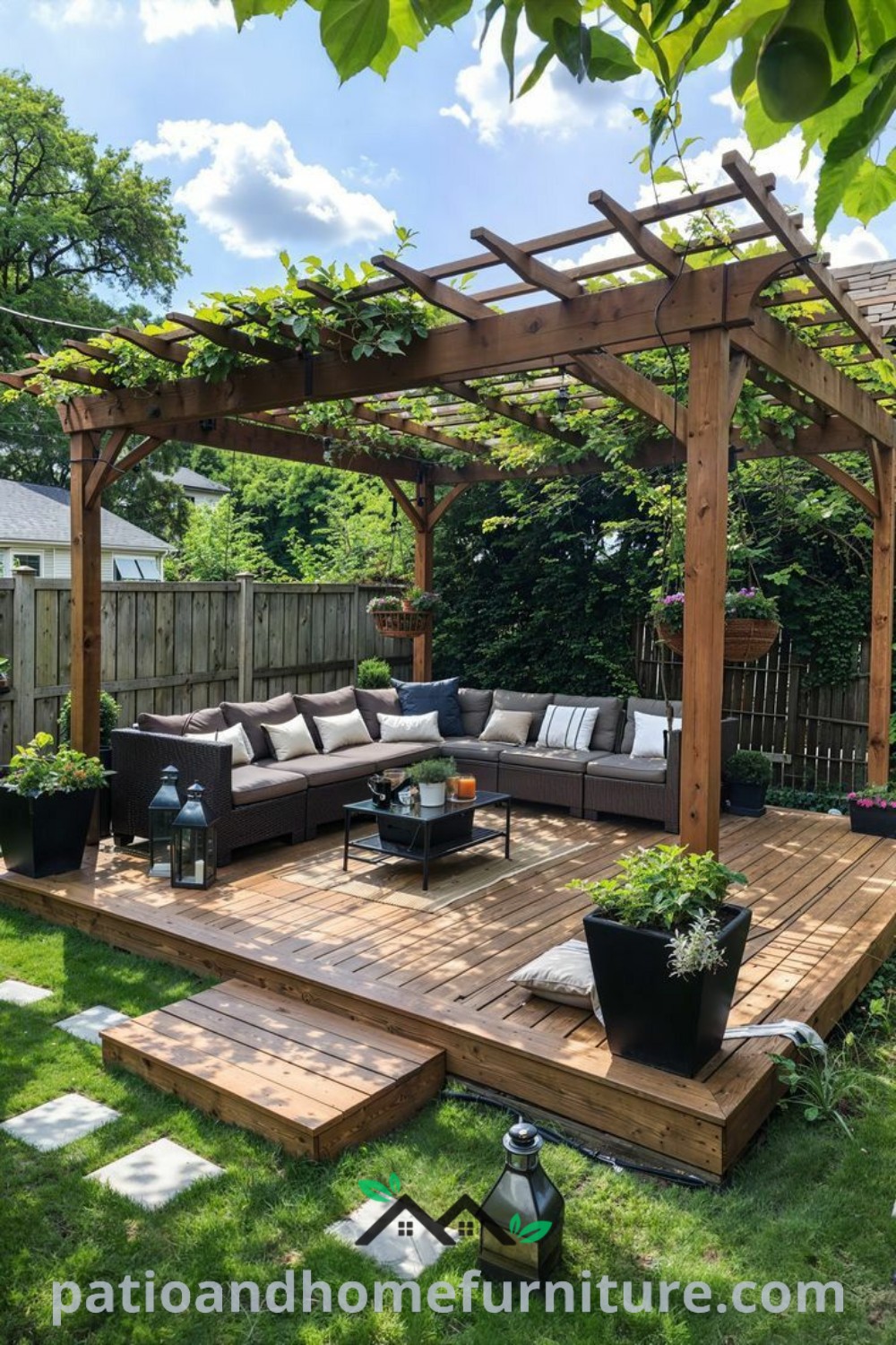 Cozy outdoor living area with couches, tables, and potted plants on a deck, showcasing inspiring design ideas for a comfortable home atmosphere, perfect for relaxation and entertainment, featured on wellnesswink.com.