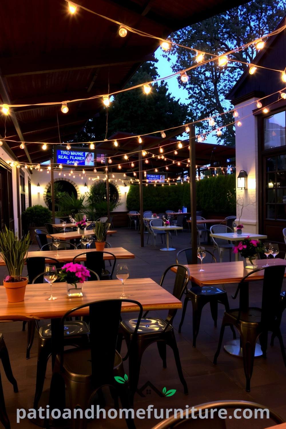 Cozy outdoor patio dinner area featuring rustic wooden tables and weathered metal chairs, draped with twinkling lights, surrounded by potted herbs and colorful blooms, creating an inviting space for gatherings and celebrations at fireplacesandwoodstoves.com.