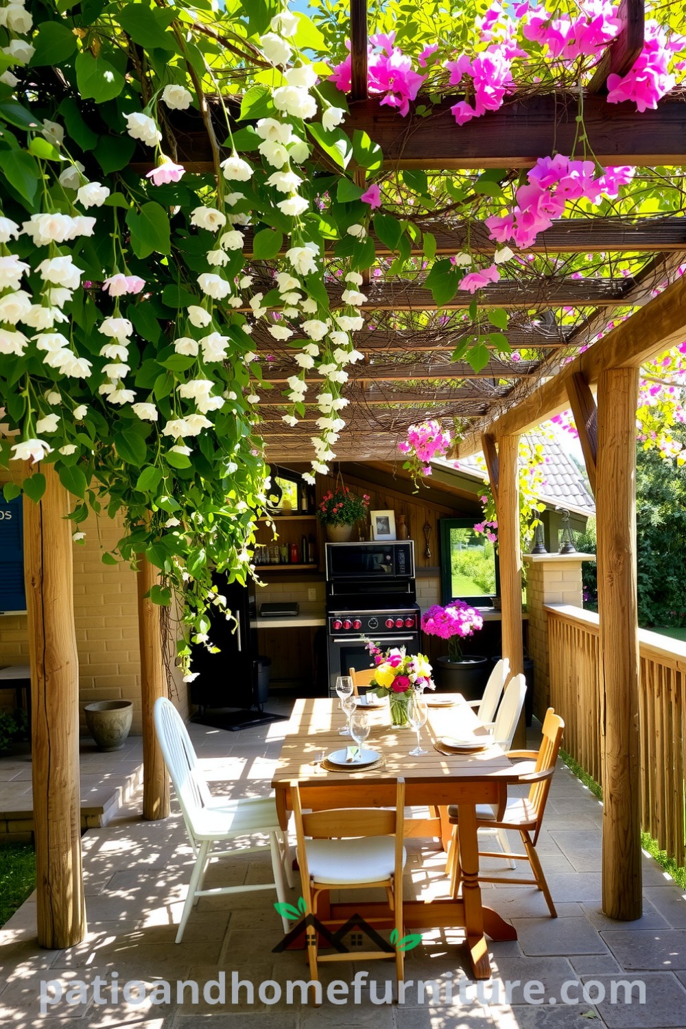 Floral wooden pergola over a rustic patio with vibrant climbing vines, dappled sunlight on a stone floor, and a wooden table surrounded by mismatched chairs, perfect for cozy gatherings; visit fireplacesandwoodstoves.com for cozy decor ideas and inspirations.