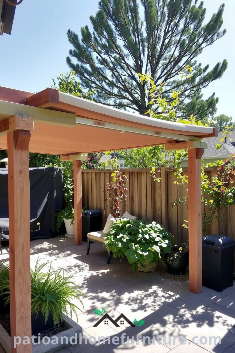 Retractable canopy pergola made of weathered cedar beams surrounded by lush potted plants, creating a serene outdoor space, perfect for cozy afternoons, with decor ideas that inspire unique home designs for fireplacesandwoodstoves.com.
